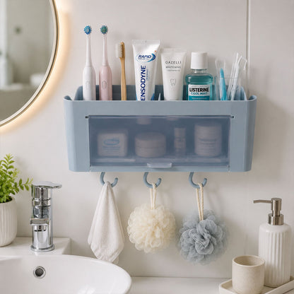 Detail of storage shelf hooks on wall mounted organiser