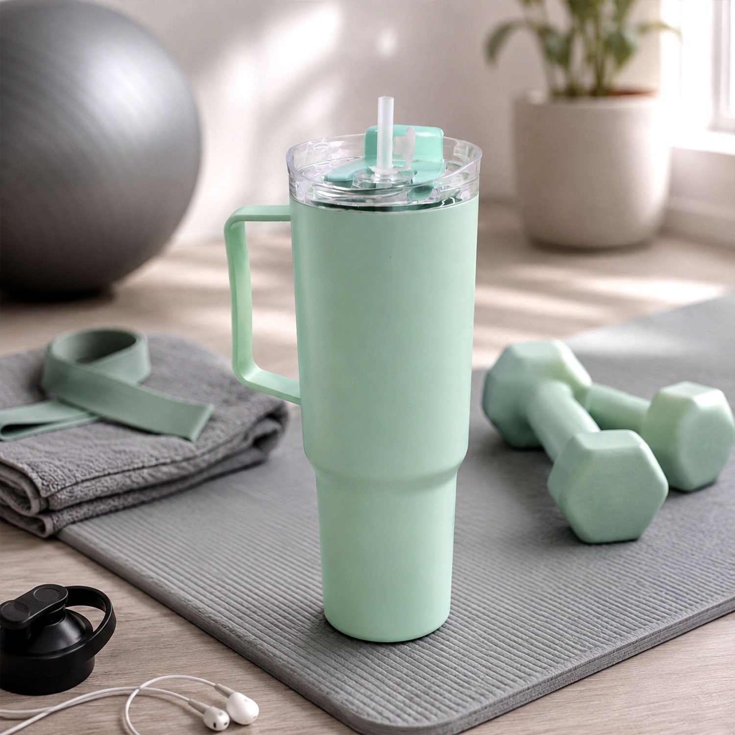 Tumbler showing ergonomic handle & reusable straw