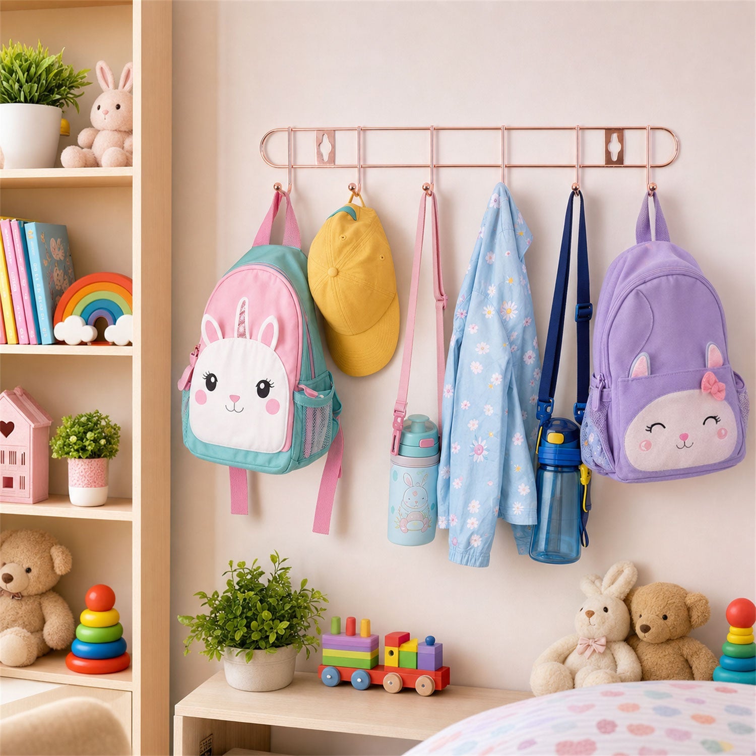 Kitchen use of wall hook rack in rose gold